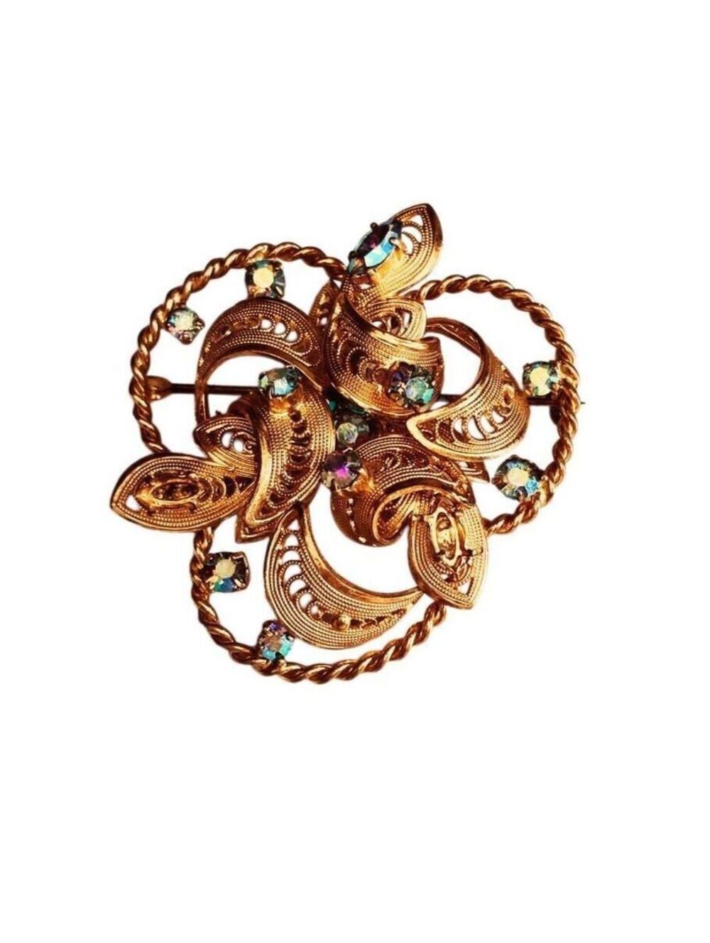 Vintage Western Germany Gold Tone Filigree Brooch AB Rhinestones